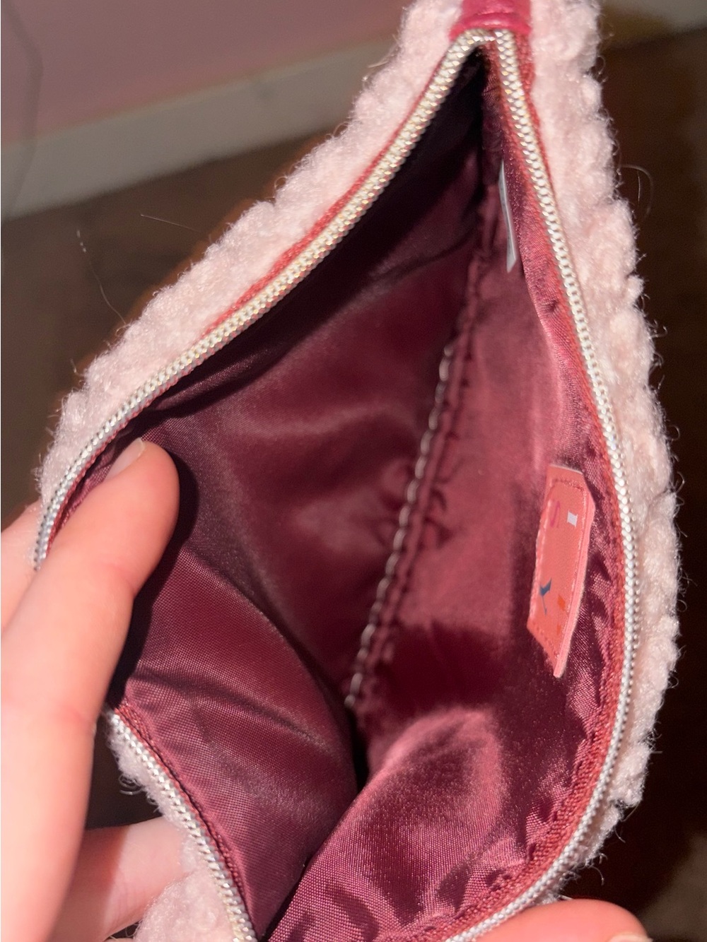 Soft Pink Sherpa Makeup Pouch with Maroon Wrist Strap